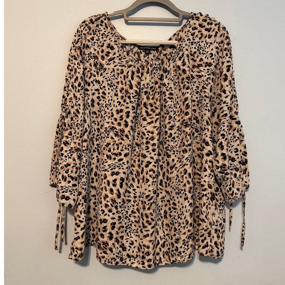 Zac & Rachel Woman's 1X Leopard Print Cold Shoulder Blouse Brown Tan 1863
